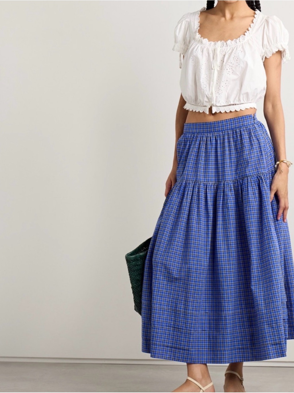 Doen Blue Plaid Tiered Maxi Skirt